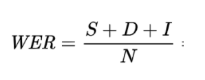 The formula: WER is equal to S plus D plus I, divided by N