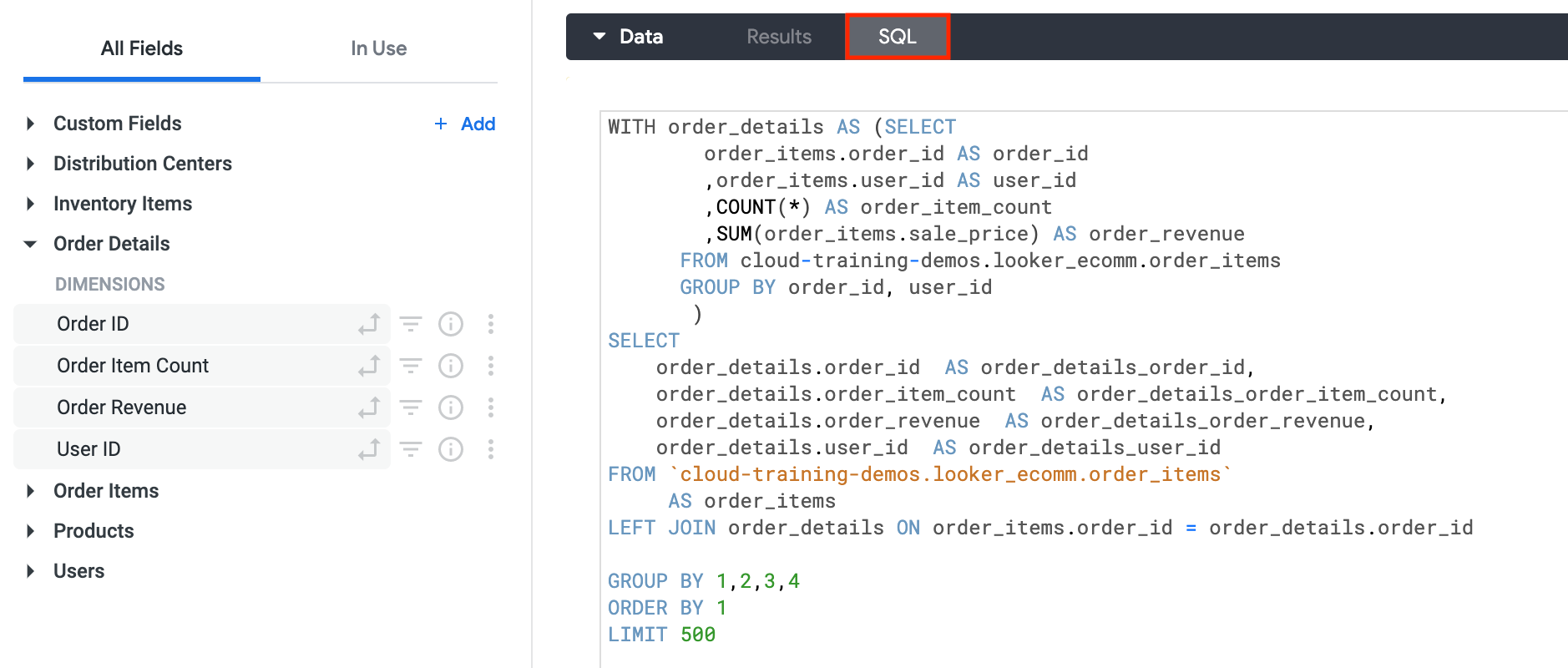 The highlighted SQL tabbed page displaying the generated SQL query