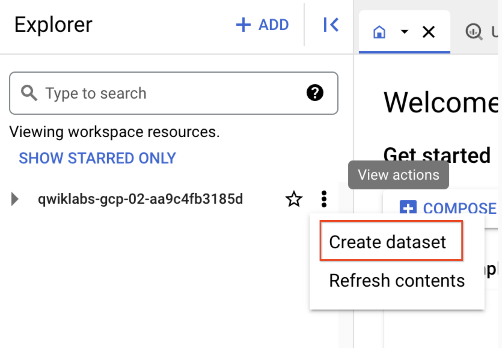 The View Actions navigation menu, wherein the option Create dataset is highlighted within the project's sub-menu.