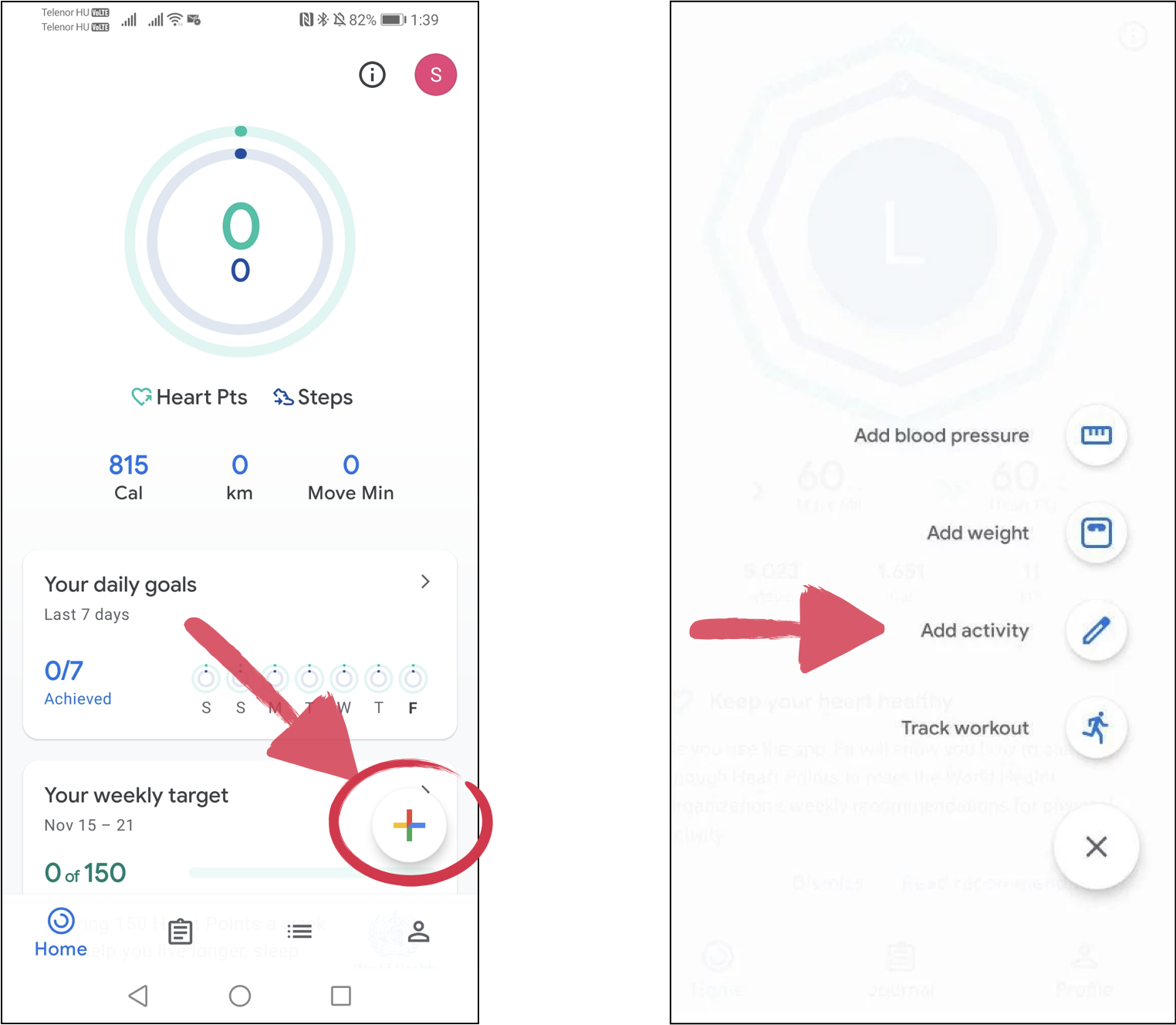 plus icon and add activity icon for Google Fit app