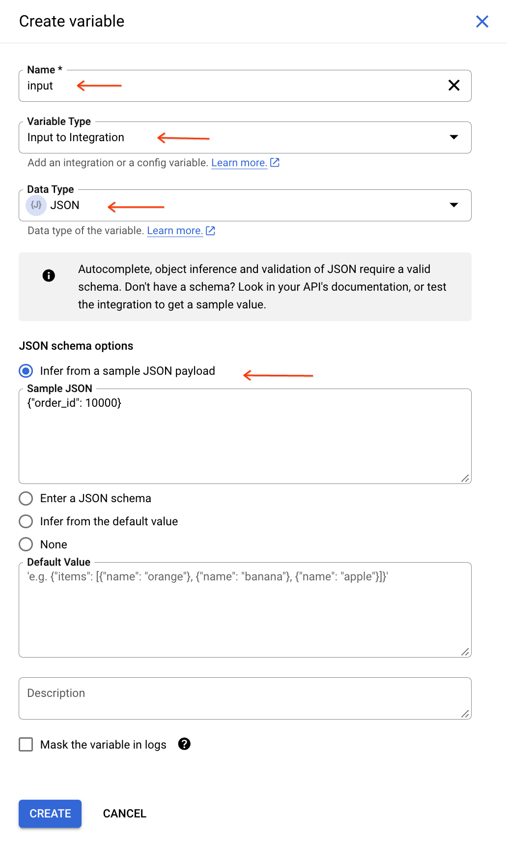 create variable form filled out