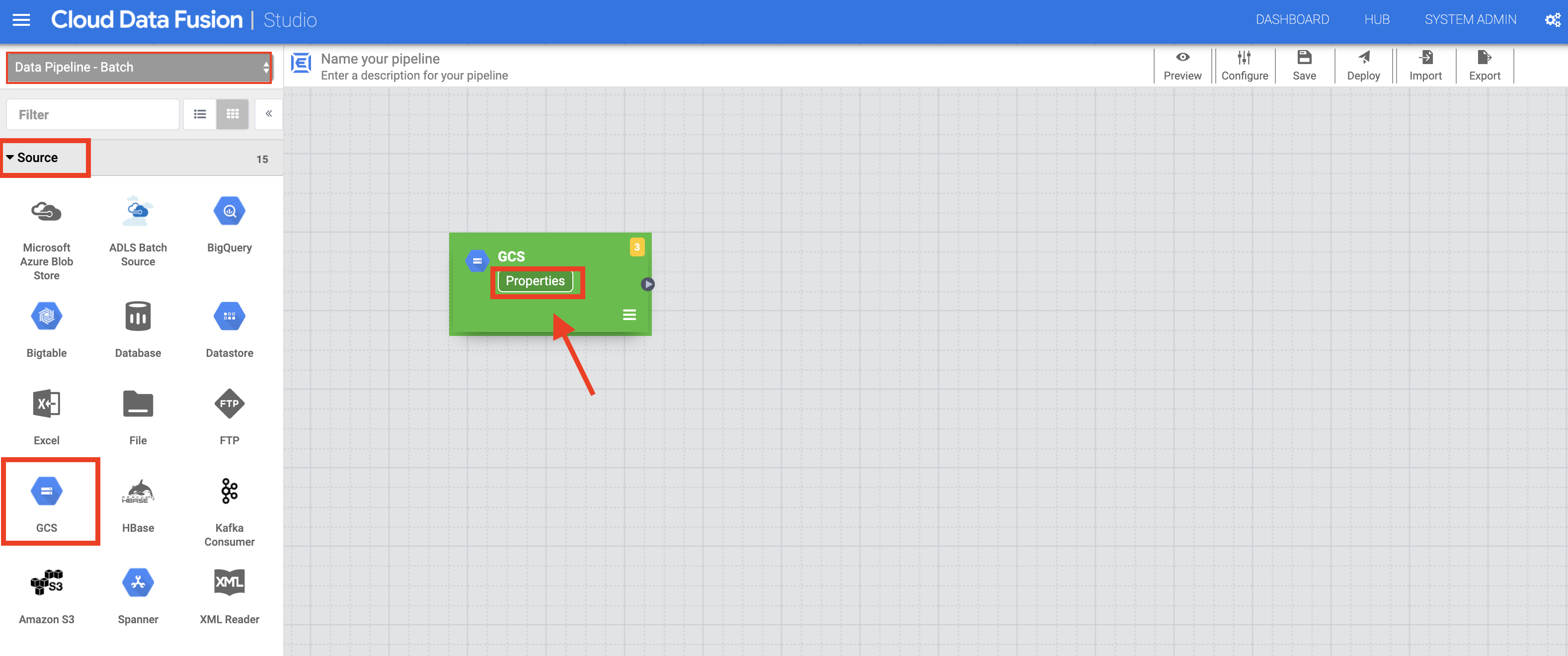 Cloud Storage properties button highlighted