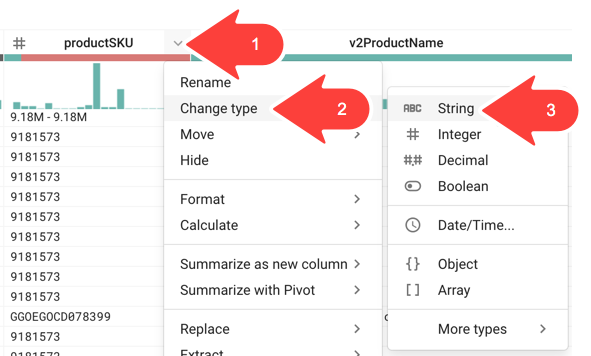 productSKU > Typ ändern > String