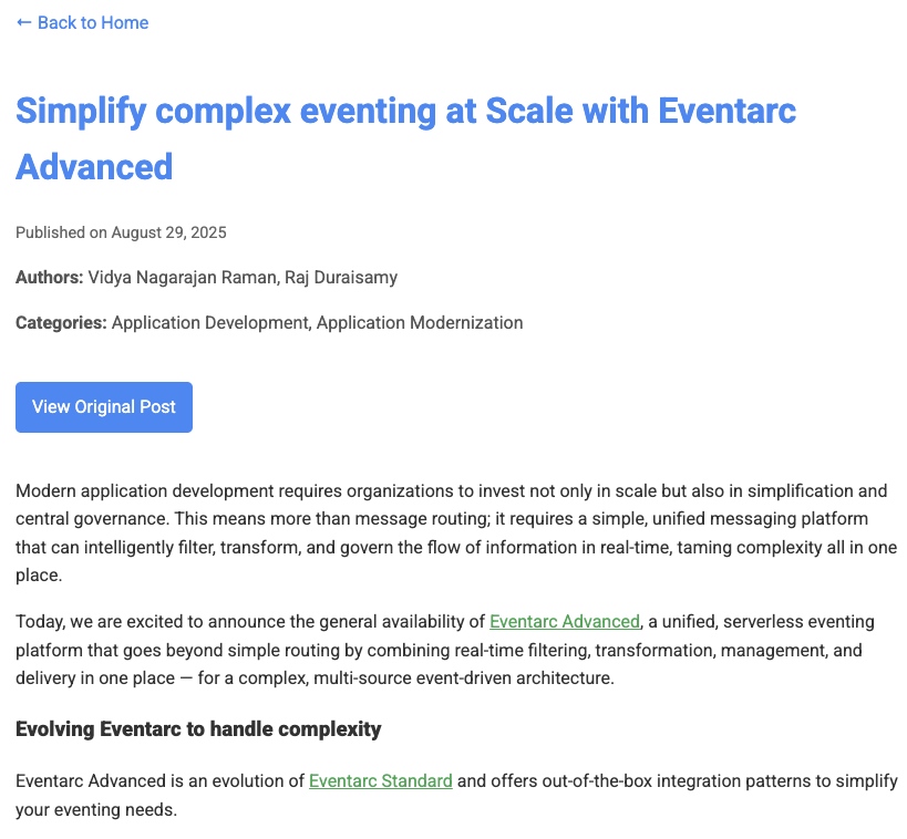 Example blog entry using Google green and blue and including a "back to home" link and a button to view the original post.