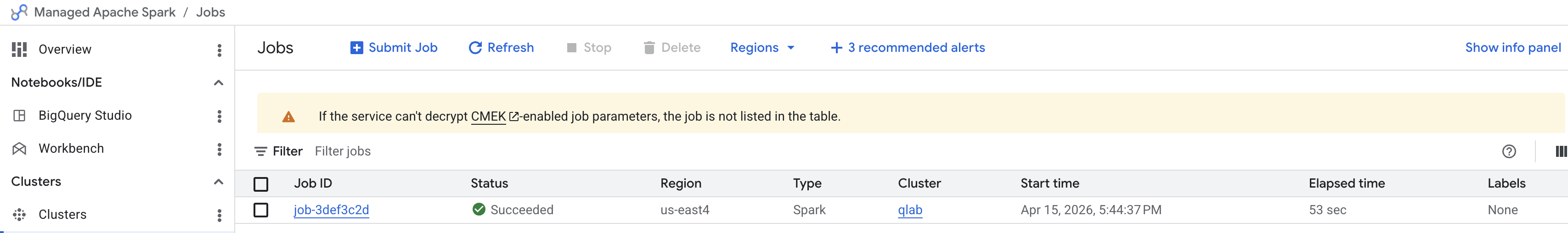 Clusters page displaying the status of the lab cluster as Running