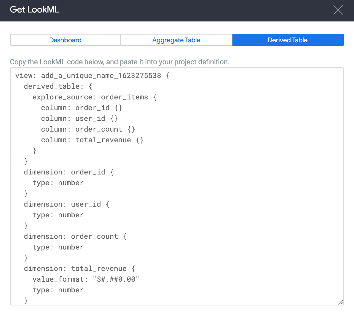 Get LookML Derived Table  code