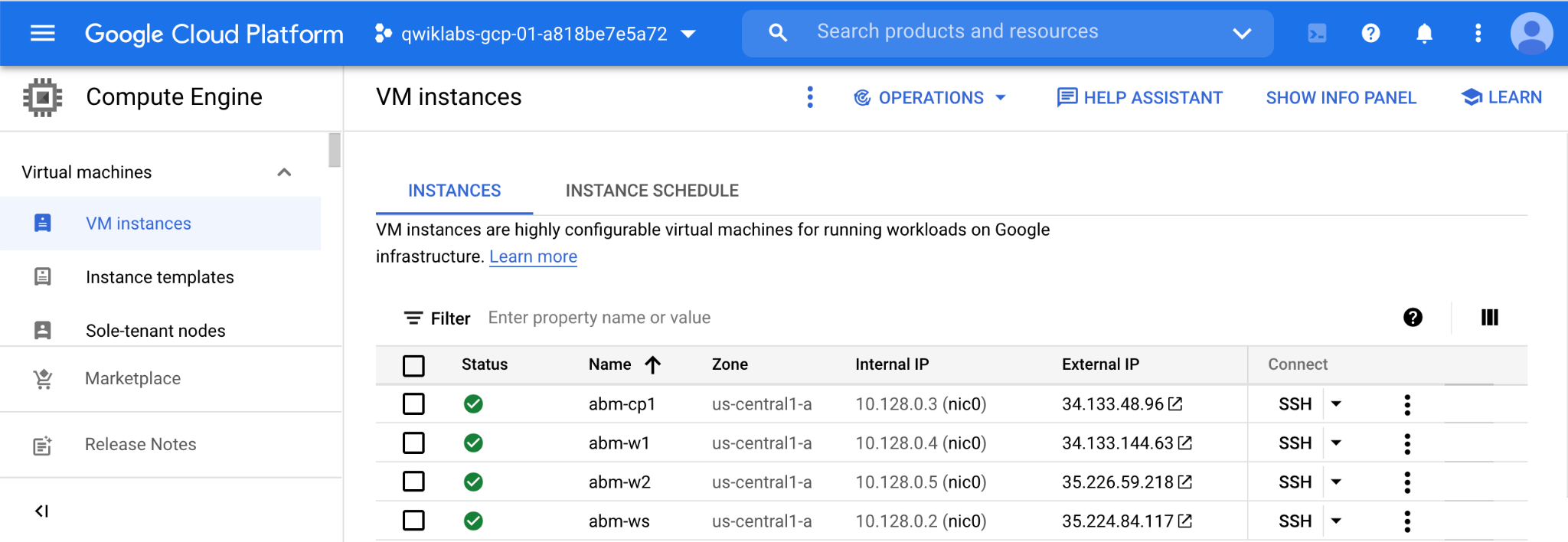 Four VMs, named abm-cp1, abm-w1, abm-w2, and abm-ws, listed on the VM instances tabbed page