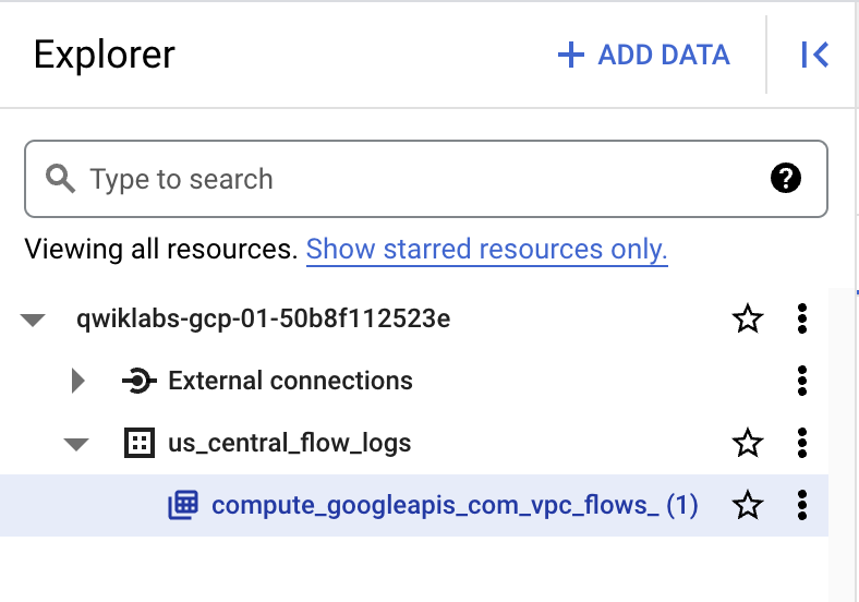 The Explorer pane, which includes the search box, the pinned projects, and table under the us_central_flow_logs dataset.
