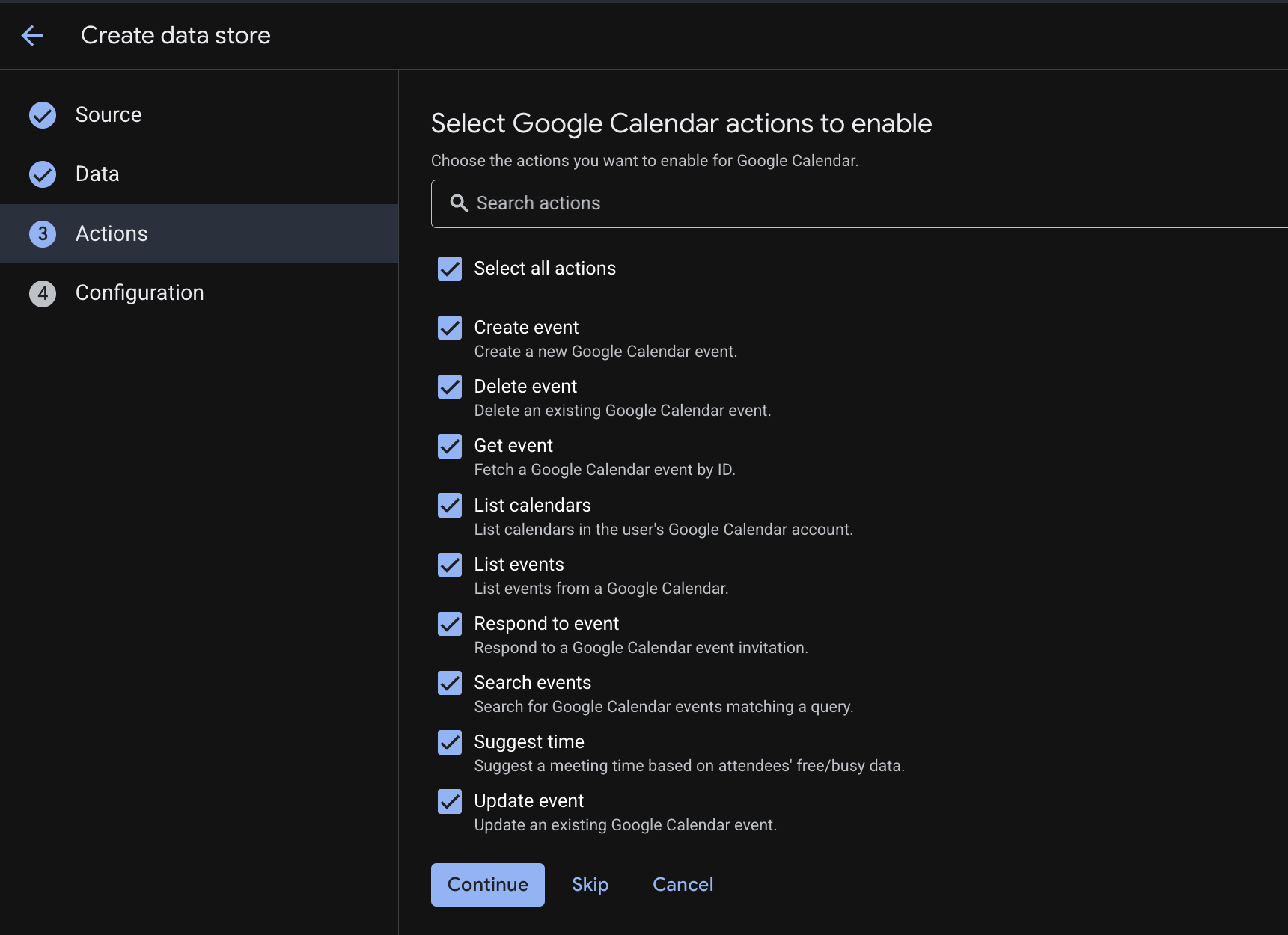 Enable Calendar Actions Datastore