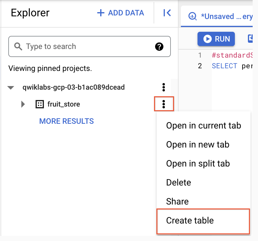 Highlighted View actions icon and Create table option