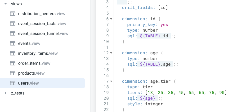 users.view file with dimensions for id, age, and age_tier