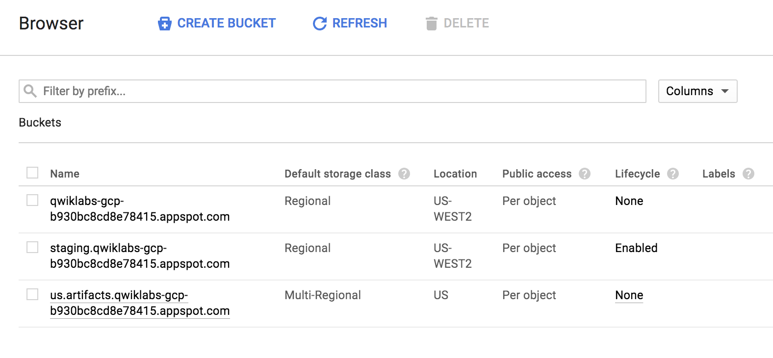 The Browser page displaying a list of buckets