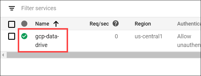 gcp-data-drive highlighted in the Filter services list