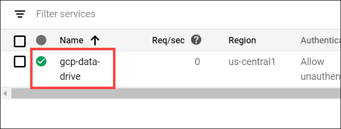 フィルタ サービス リストで gcp-data-drive がハイライト表示