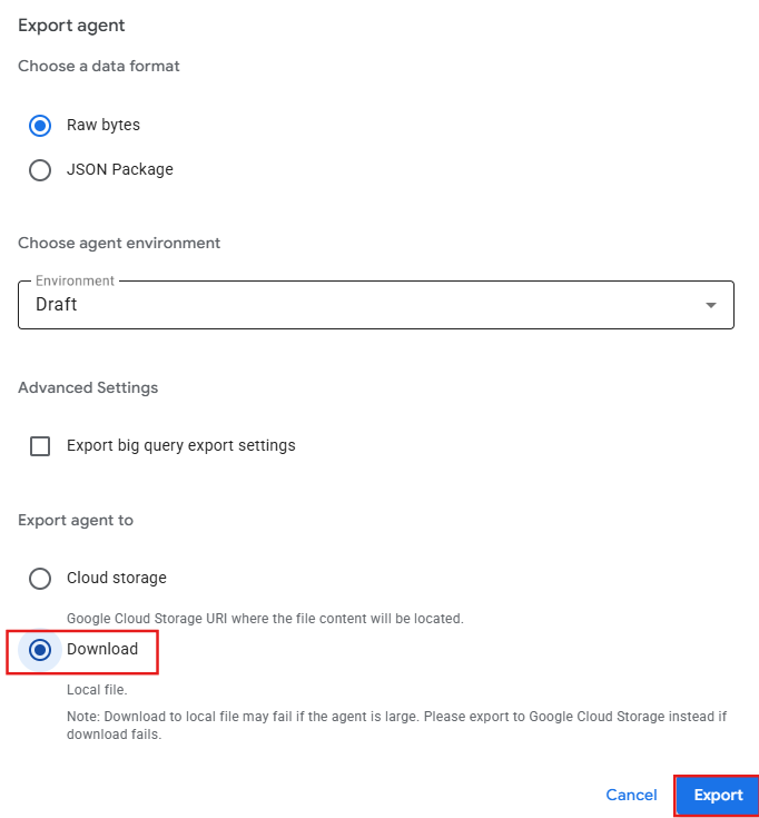Export Agent page with Download option selected and highlighted
