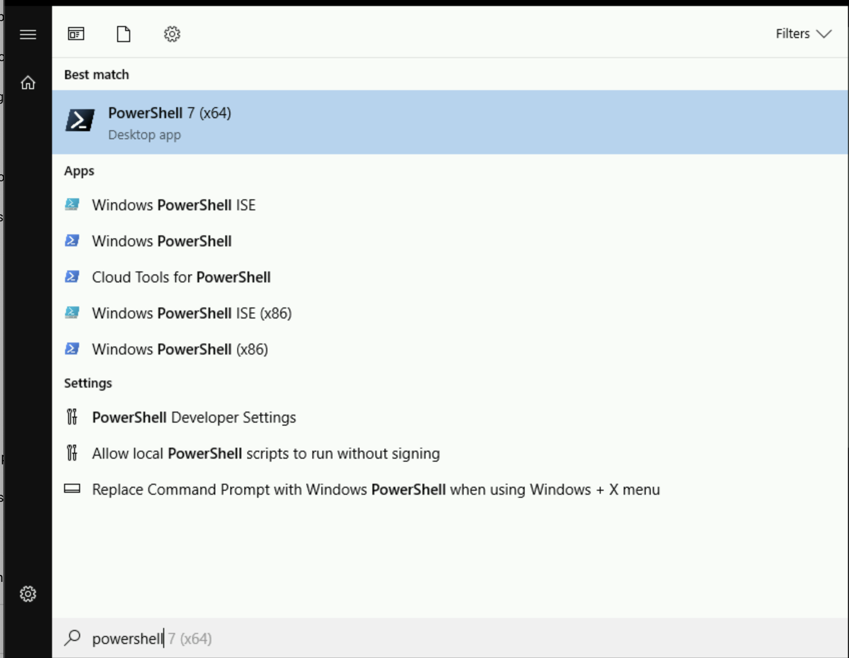 PowerShell 7 (x64) app listed in the results