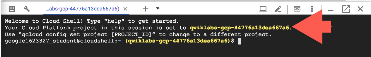 ID do projeto em destaque no terminal do Cloud Shell