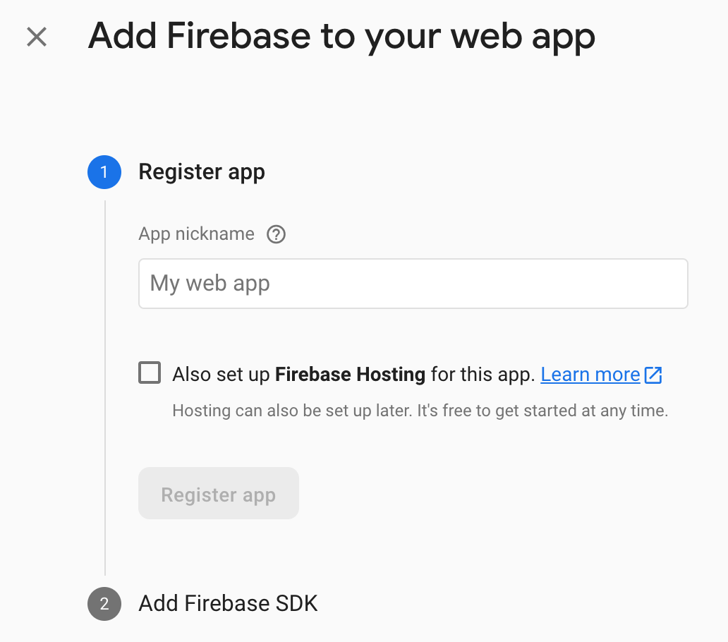 The Add Firebase to your webb app dialog box displaying the Register app step section details