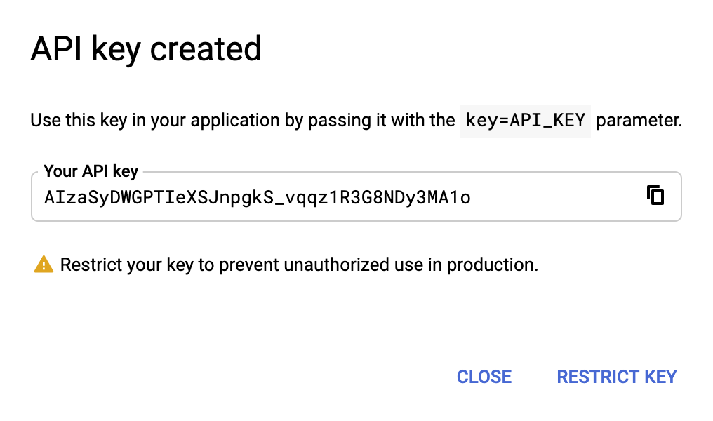 API key created screen