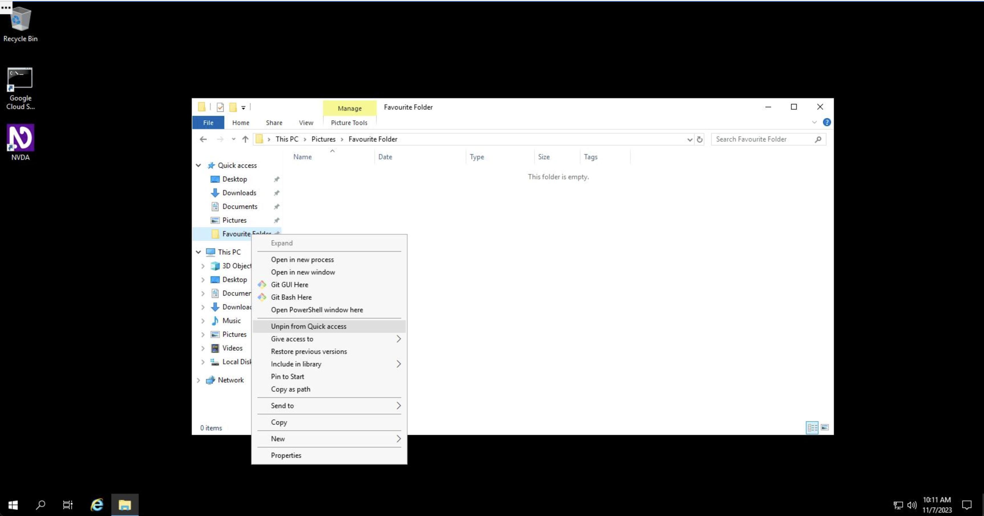 Screenshot of a Windows desktop, open to File Explorer. Within File Explorer, the user is in a folder called "Favourite Folder" which is nested within the "Quick access" list. The right-click / context menu for "Favourite Folder" is open, with the option "Unpin from Quick access" highlighted by the cursor.