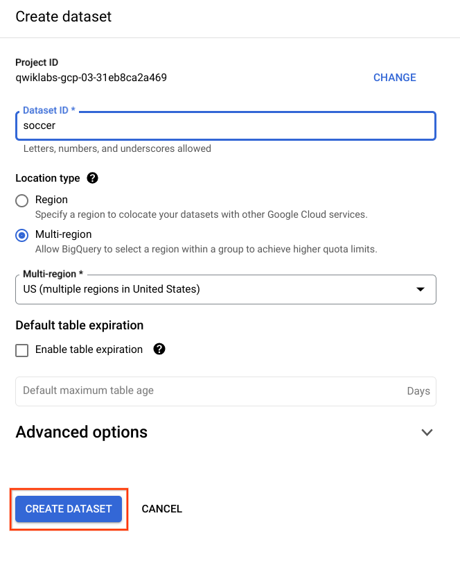 Create dataset screen with the dataset details and a highlighted Create Dataset button.