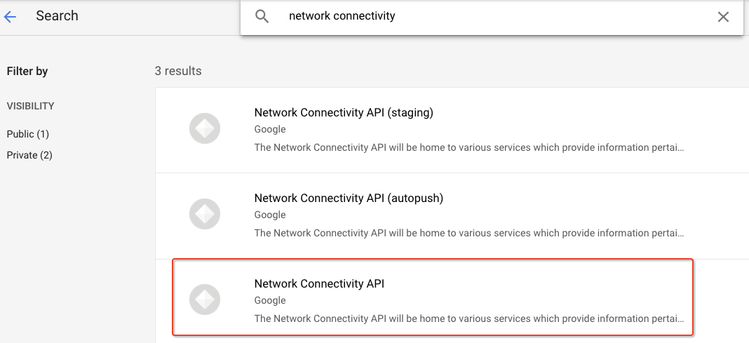 Network Connectivity API option highlighted in the search results