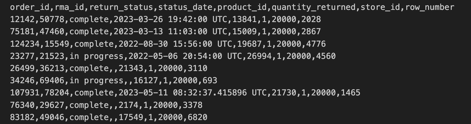 First ten lines of store returns CSV file showing comma-separated columns