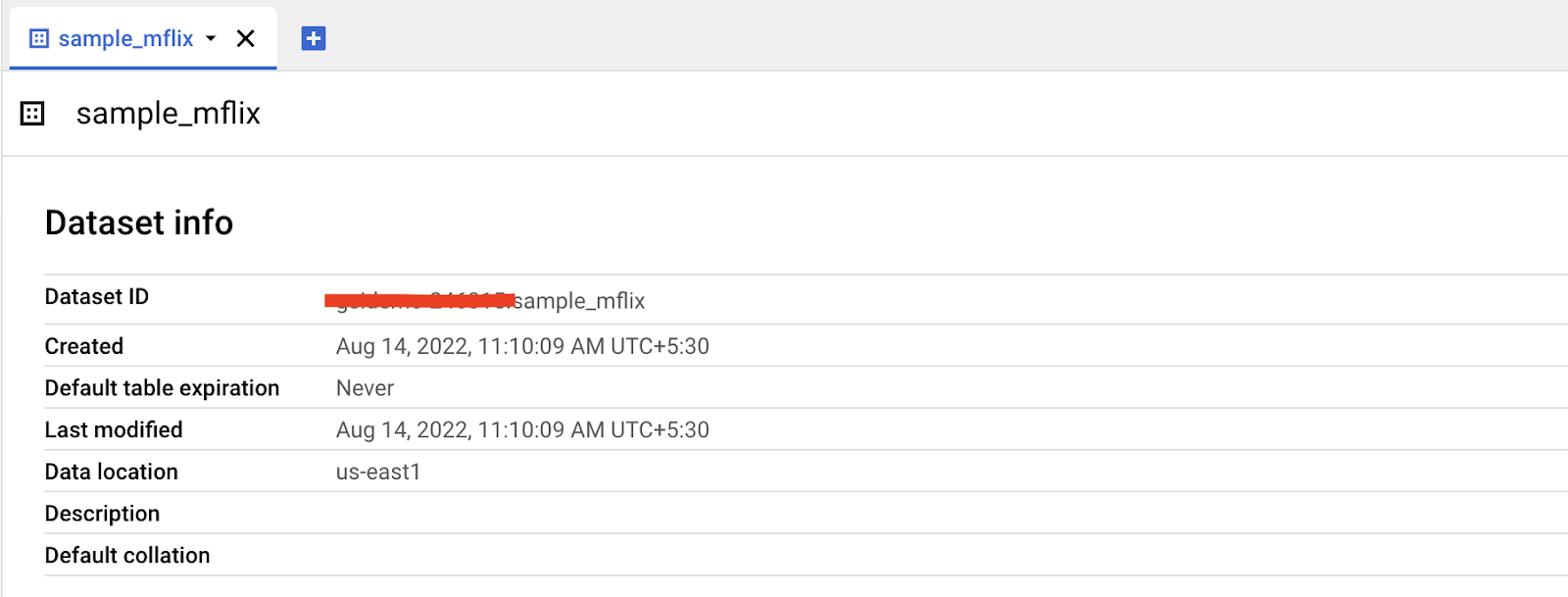 The highlighted Dataset ID which ends with sample_mflix.