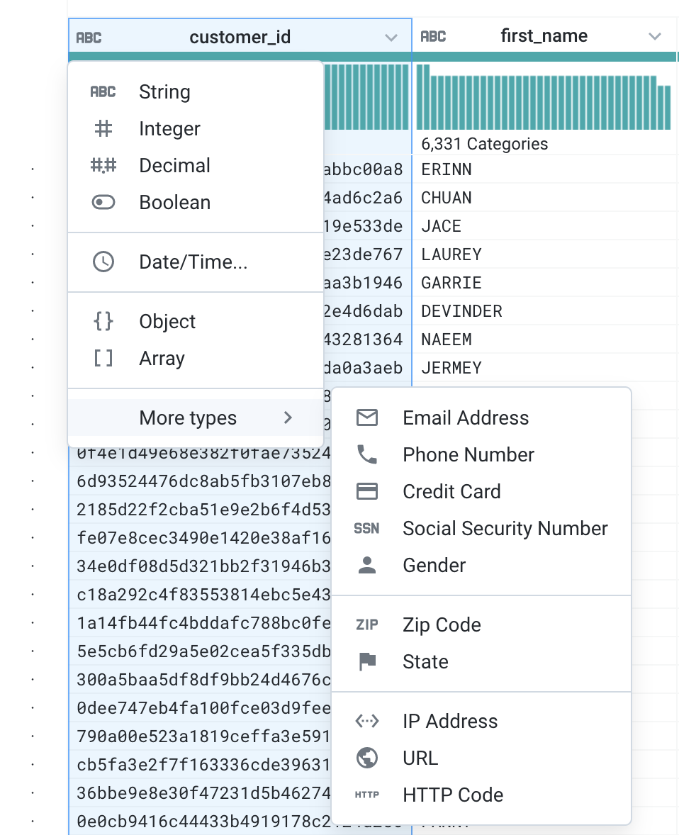 column_id 列の展開メニュー。[More types] オプションがハイライト表示され、関連するサブメニューのオプションが表示されている。