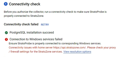 The Connectivity check pop-up, along with the error message 'Connectivity check failed' and the option Retry.