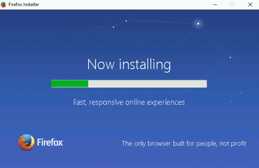 Screenshot of Firefox Installer in progress; reads "Now installing".