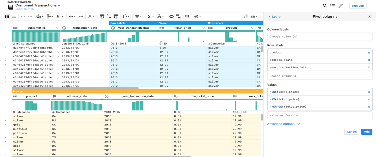 Flow view for 2 datasets: lab_2013_transactions.csv and lab_2014_transactions.csv, as well as the new Combined Transactions recipe