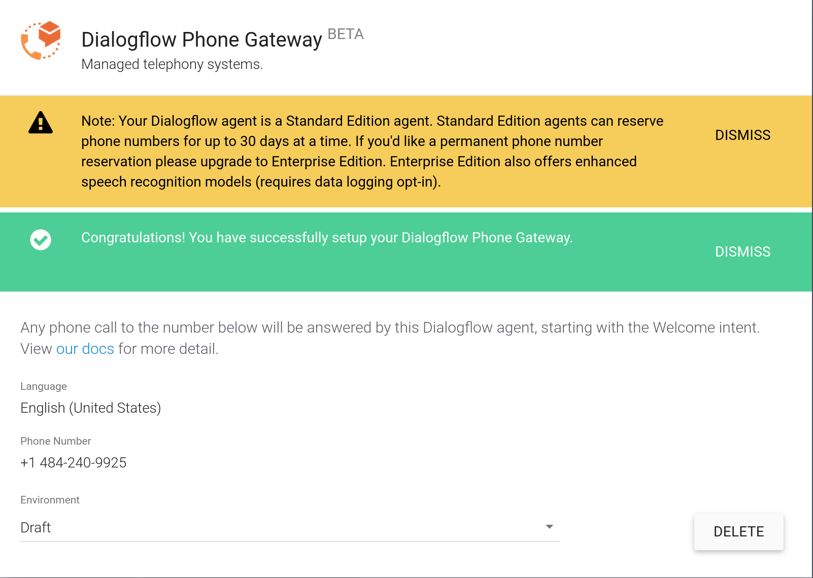 Dialogflow Phone Gateway Congraulations banner