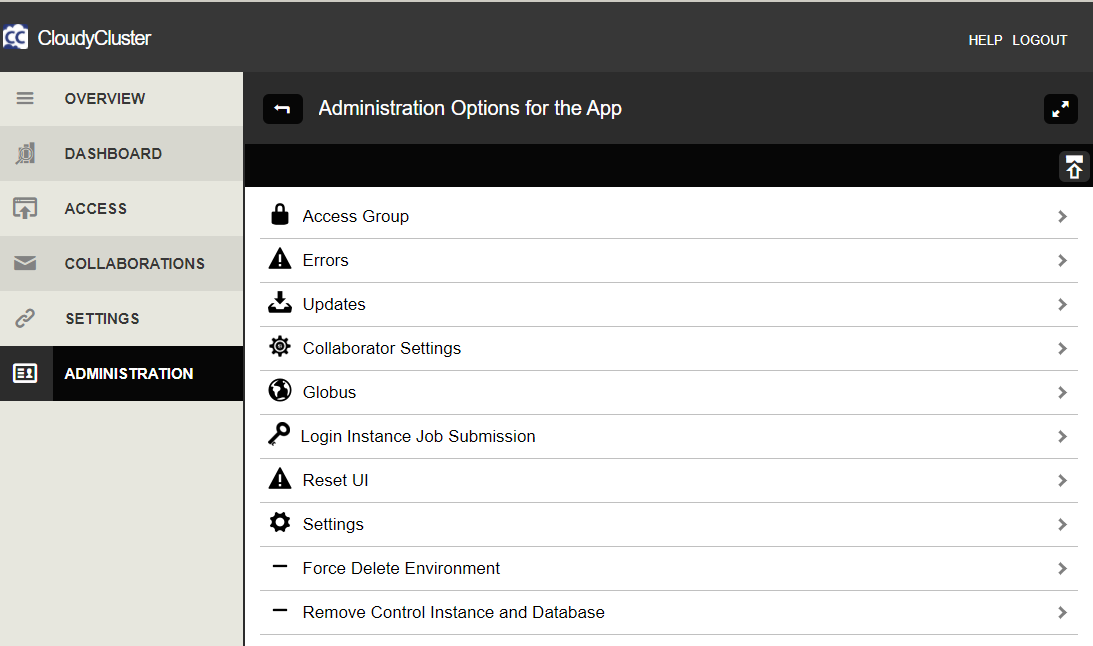 Administration Options for the App page