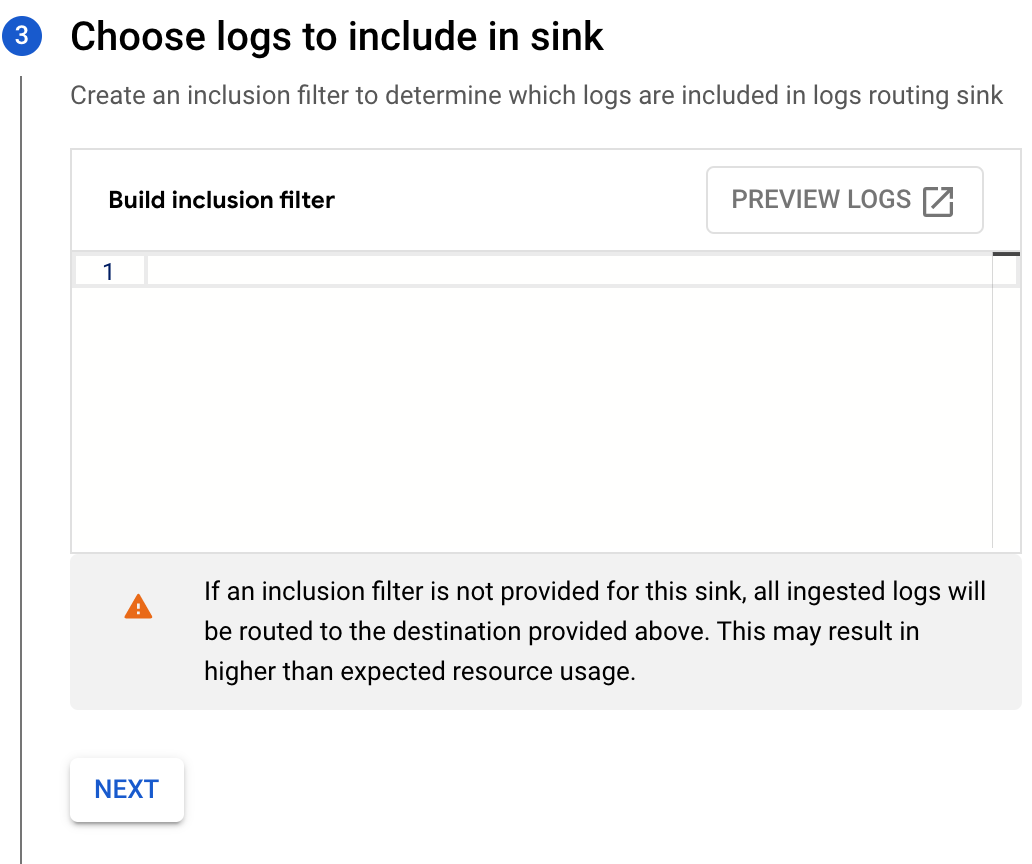 Build inclusion filter field on the Choose logs to include in sink page.