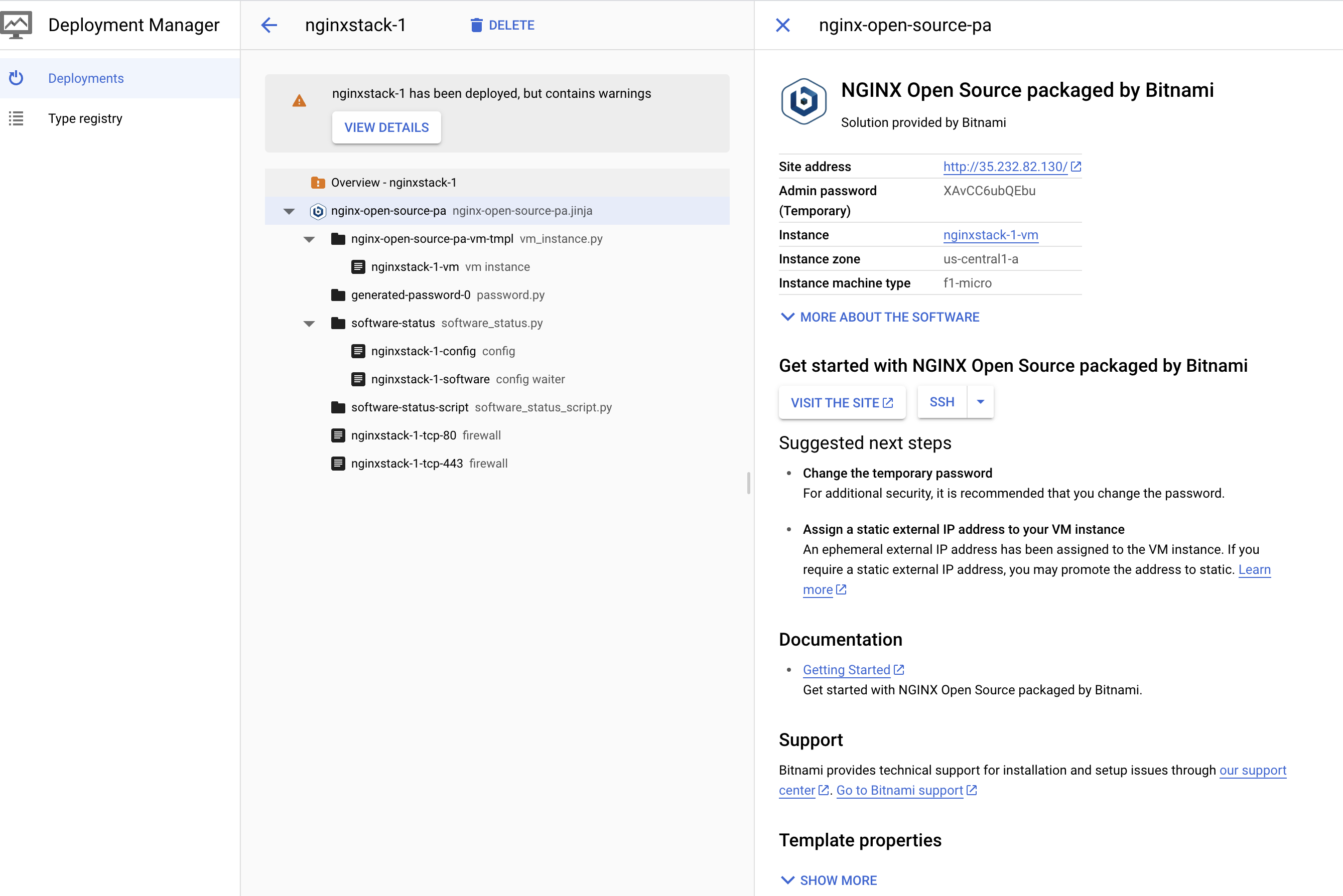 The nginxstack-1 deployment, with the 'nginxstack-1 is being deployed' message along with its overview and sub-folders.