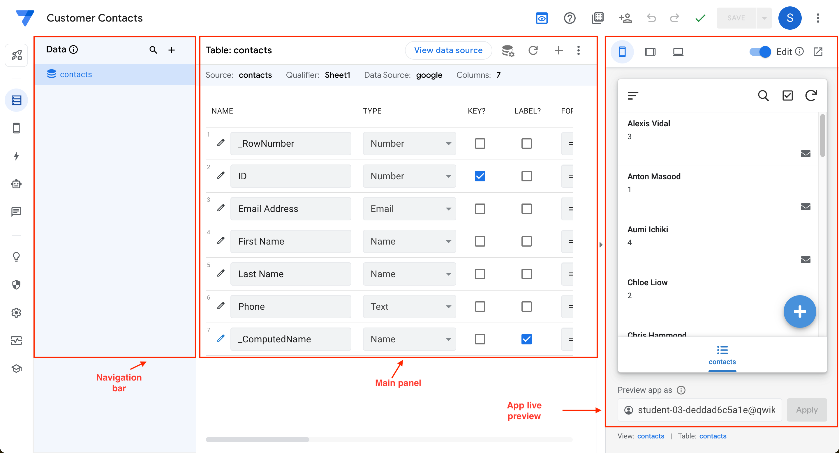 The AppSheet main UI that contains the left navigation bar, main panel, and app live preview.