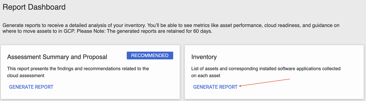 The Report Dashboard, with the Generate Report button highlighted within the Inventory tile.