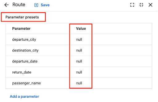 Parameter presets section with null value for each of the five parameters