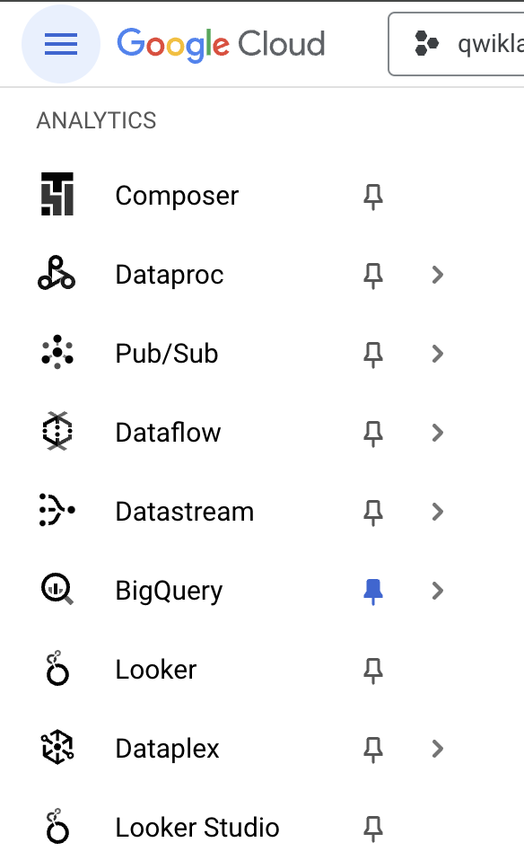 The Cloud Console navigation menu, wherein the option BigQuery is selected.