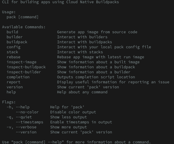 Output displaying Usage, Available Commands, and Flags for the pack command