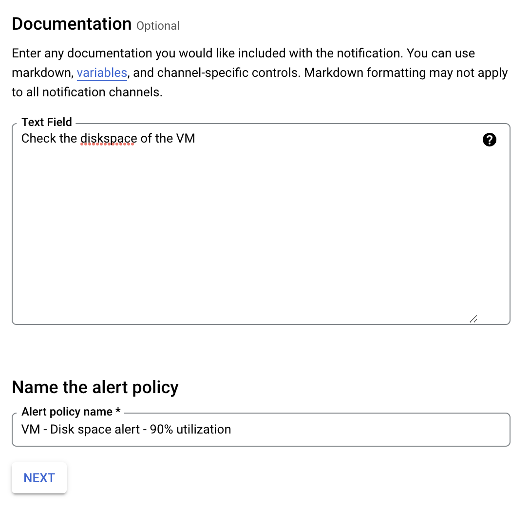 The documention and Name the alert policy text fields and the Next button.