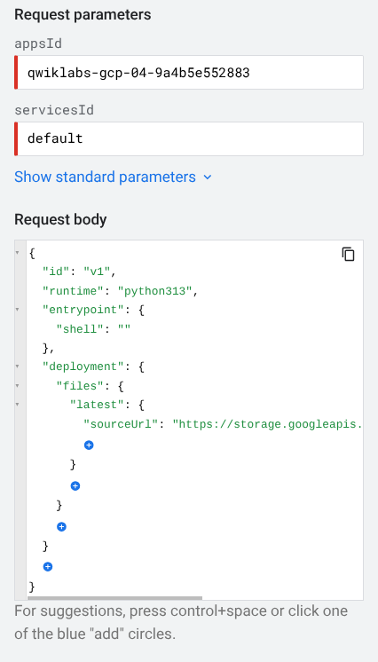 The method displayed in the Request body text field