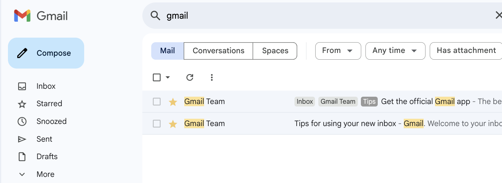 The Searchbox displaying 'gmail' and emails from the Gmail Team are listed below