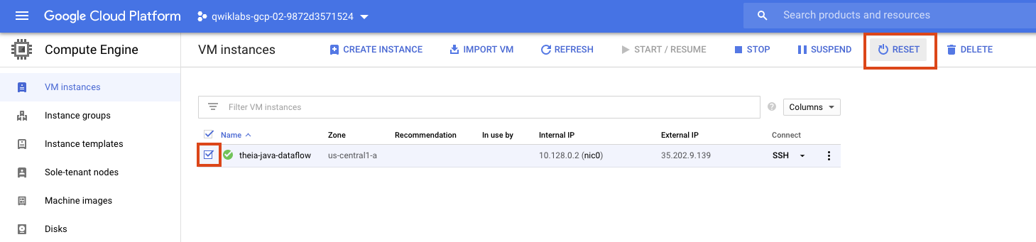 Both the Reset button and VM instance name highlighted on the VM instances page