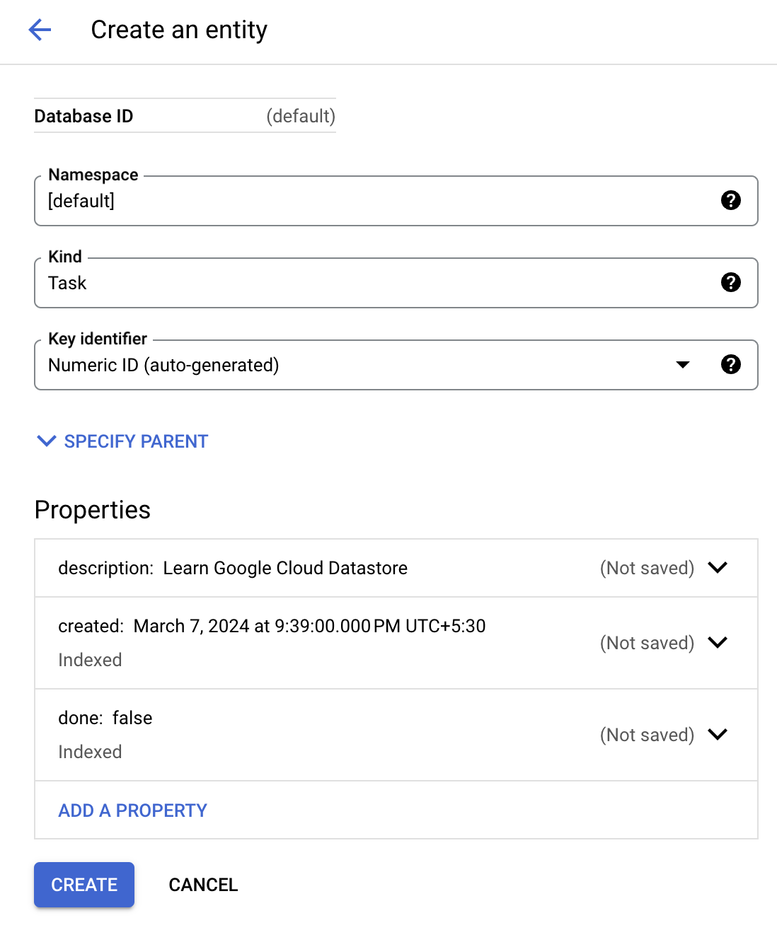 The Create an entity page, with the Create button highlighted below the entity details.