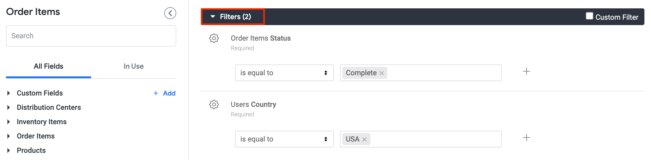 Two filters listed; Order Items Status is equal to Complete, and Users Country is equal to USA.