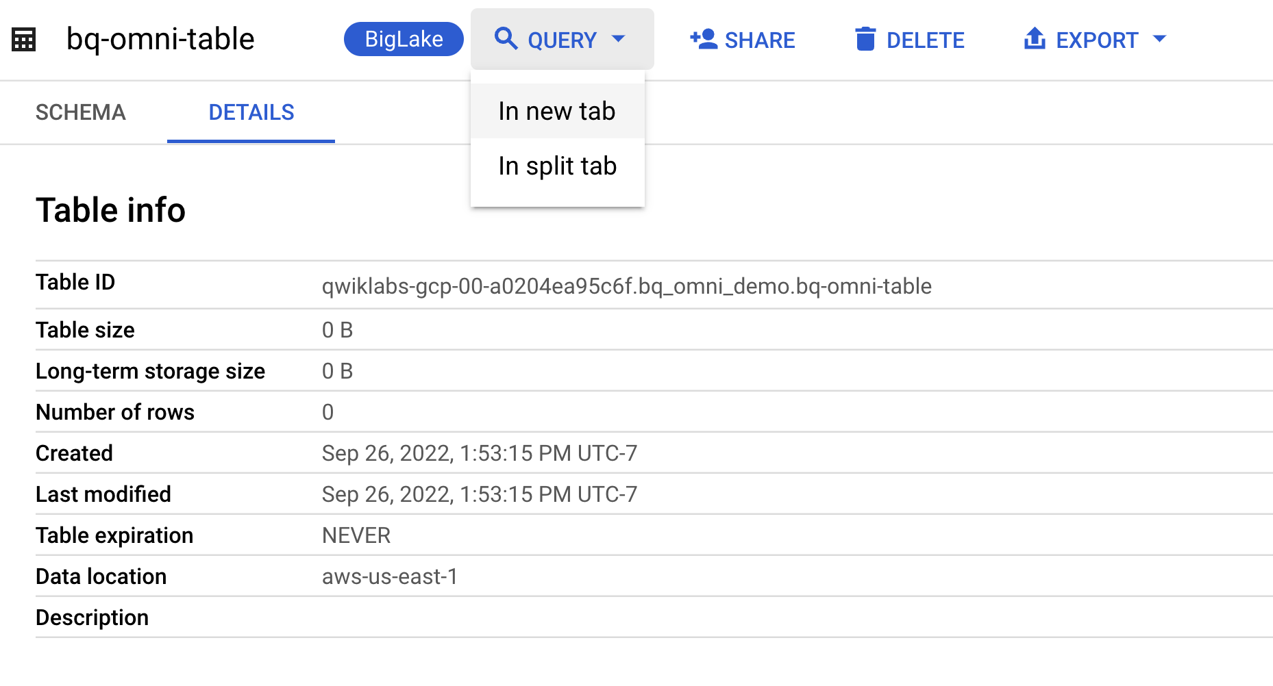 query bigquery omni table with in new tab selction highlighted
