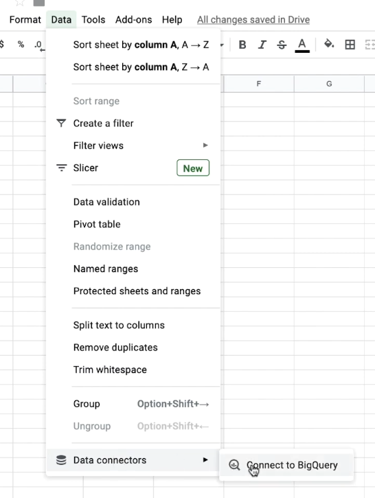 The navigation path to the Connect to BigQuery option