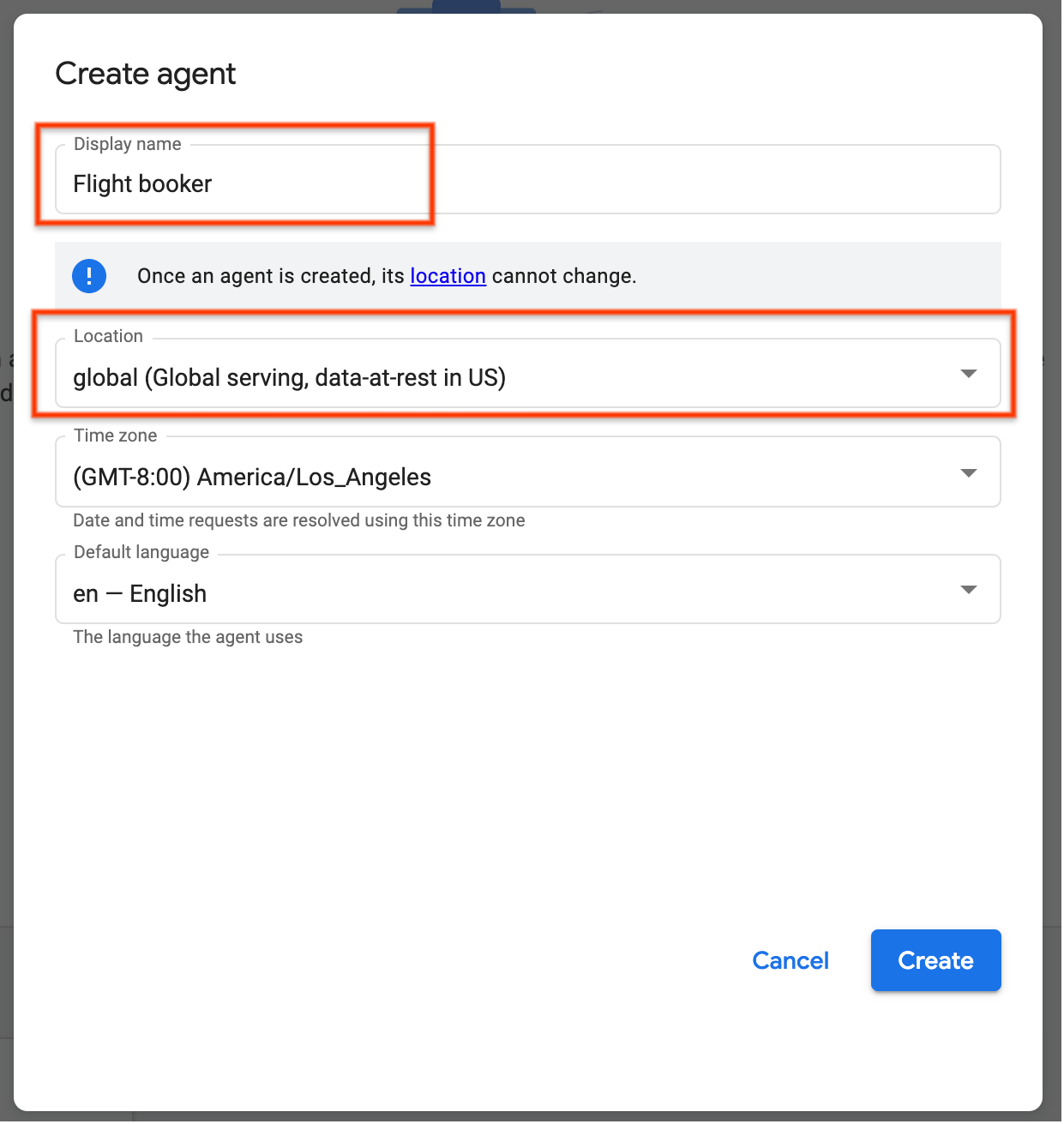 Create agent window, with display name and location fields completed